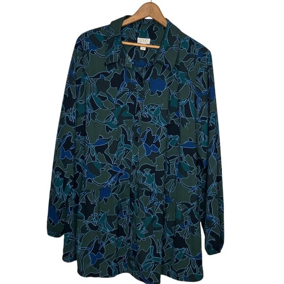LOGO by Lori Goldstein Large L Green Stretch Woven Button Front Blouse Shirt Top - Picture 3 of 6